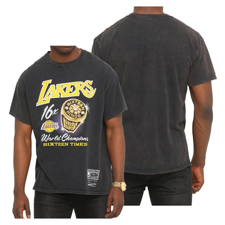 Men's Los Angeles Lakers NBA Vintage Bling Rings Finals Champions Black Basketball T-Shirt TXG3883NP